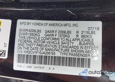 2018 Honda Accord Lx из США, поврежденный, VIN 1HGCV1F10JA206193